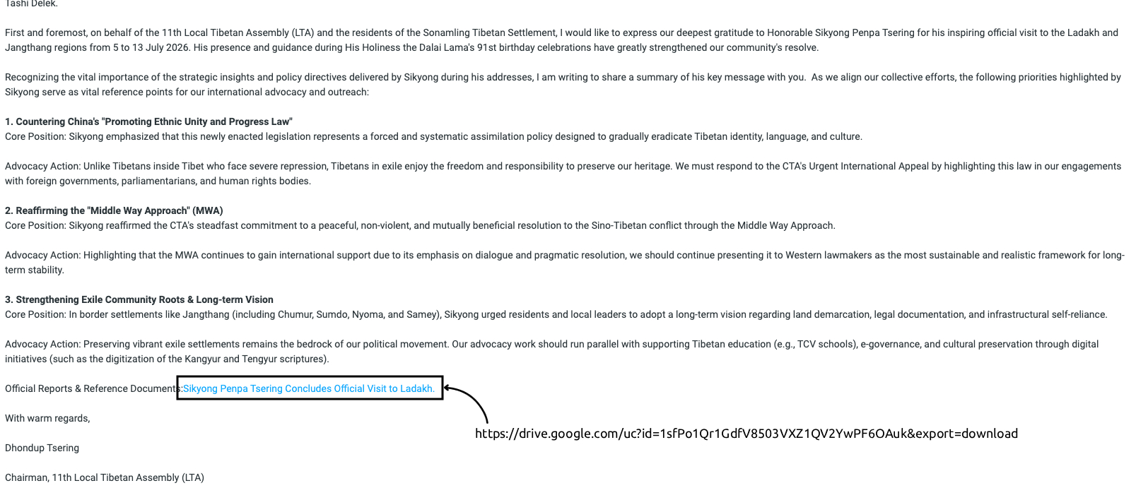 Socially engineered email about Sikyong Penpa Tsering's visit to Ladakh, containing a malicious Google Drive link