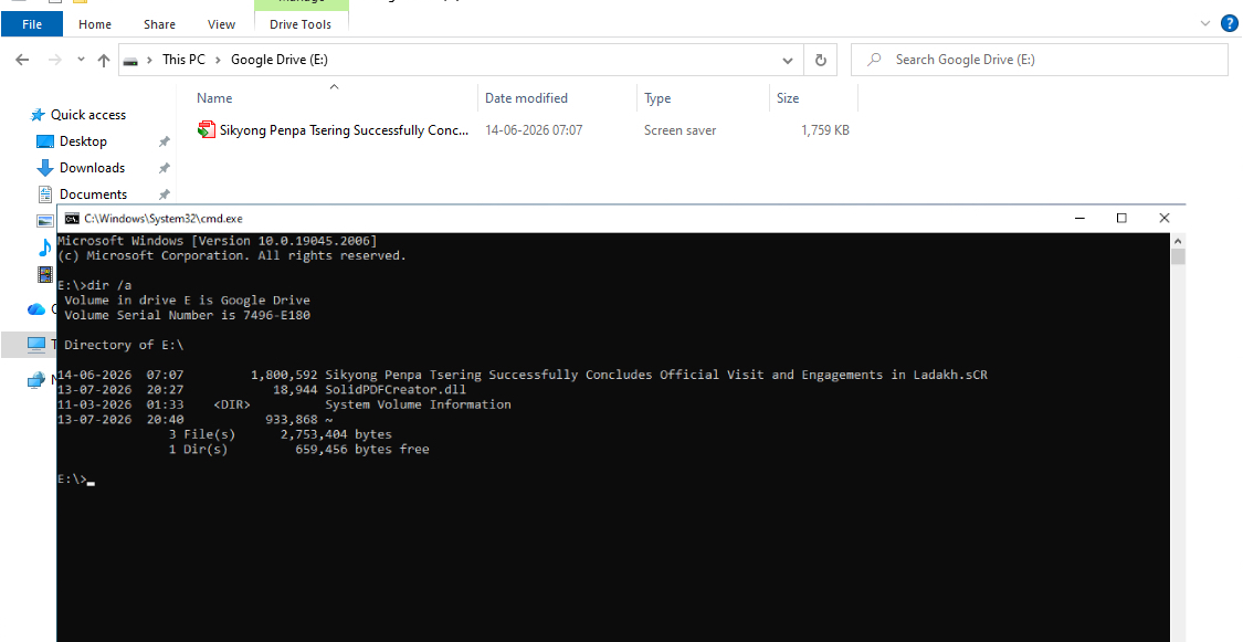Windows Explorer showing only the decoy .scr file on the mounted drive, with a Command Prompt dir /a listing below revealing SolidPDFCreator.dll and a hidden folder