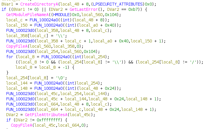 Decompiled code showing creation of the SmartPrintCD directory and copying of the host executable and DLL