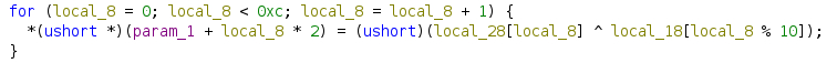 Decompiled loop that XORs the encoded buffer with the key to recover the C2 address