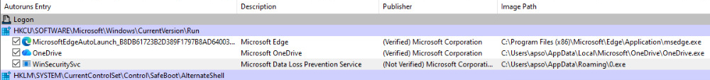 Autoruns view showing the WinSecuritySvc Run value pointing to 0.exe in the AppData Roaming folder