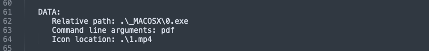 Parsed shortcut metadata showing relative path ._MACOSX\0.exe, command line argument pdf, and icon location .\1.mp4