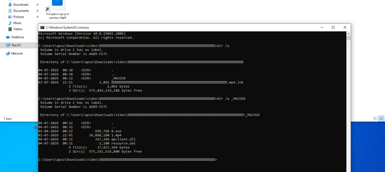 Windows Explorer showing the video shortcut, with a Command Prompt dir /a listing revealing the hidden _MACOSX directory and its files