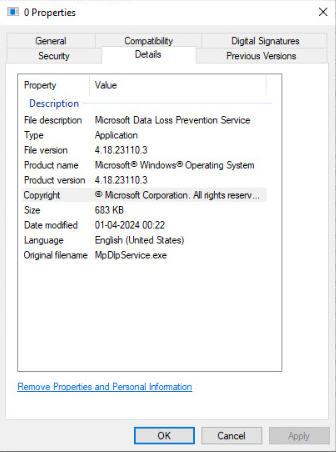File properties dialog for 0.exe showing Microsoft Data Loss Prevention Service, version 4.18.23110.3, original filename MpDlpService.exe